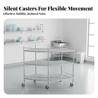 Rust-Resistant Fan-Shaped Medical Cart Easy to Clean Curved Oral Utility Cart Heavy Duty 2-Tier Trolley Braking Wheels for Dentists, Surgeons, Doctors, Operating Room, Medical Facility, Laboratory
