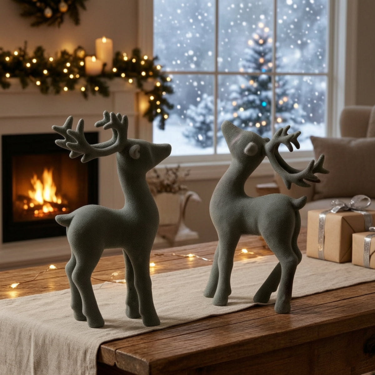 Flocked Deer Figurine with Antlers Resin Deer Figurine Tabletop Reindeer Ornament Gray for Mantel, Bookshelf
