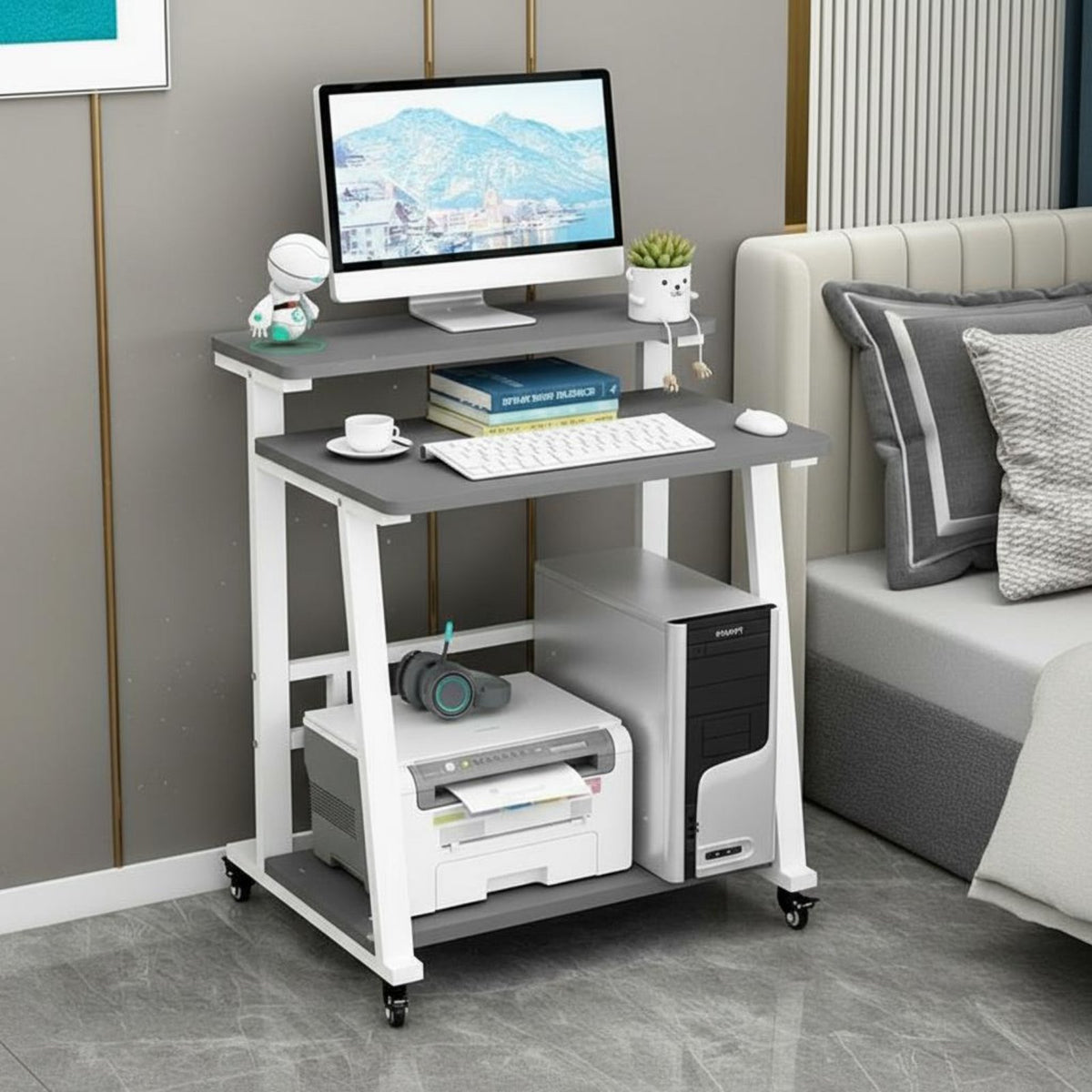 Modern Minimalist Design Rolling Bedside Desk Space Saving Mobile Computer Desk Multi-Functional Mobile Computer Cart Stable Structure for Students, Bedroom, Dorm Room