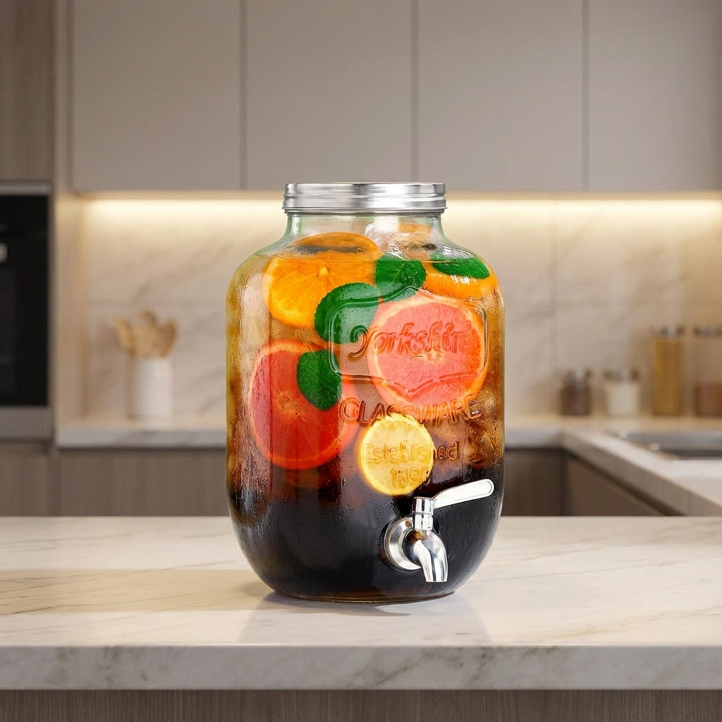 Glass Water Dispenser with Metal Stand, Juice Beverage and Drink Container with Handle and Screw Lid, Party Beverage Dispenser for Home Bar Use