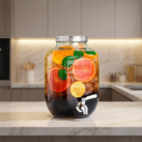 Glass Water Dispenser with Metal Stand, Juice Beverage and Drink Container with Handle and Screw Lid, Party Beverage Dispenser for Home Bar Use
