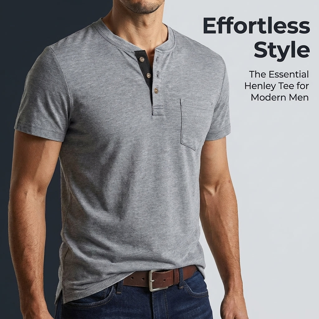 Men's Loose Fit Henley T-Shirt Short Sleeve, Polyester Blend Casual Wear for Summer, Pullover for Young Adults