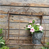 Wrought Iron Wall Planter Decorative Scrollwork Fake Window Plant Shelf Metal Wall Mounted Flower Rack Distressed Finish