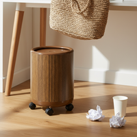 Wood Grain Round Trash Can with Wheels, Large Capacity Household Waste Bin