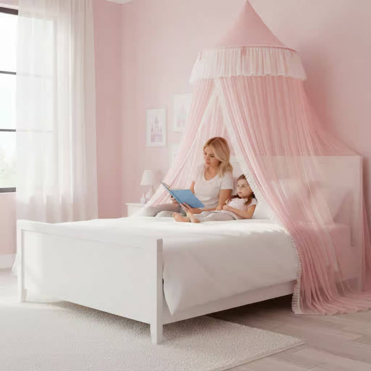 Decorative Double Layer Bed Canopy Romantic Design Princess Bed Canopy Dreamy Look Dome Bed Curtain Net Soft Transparent for Girls, Kids, Bedroom, Sleeping
