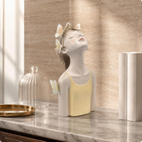 Resin Girl Bust Sculpture Display Piece Lady Bust Figurine Decorative Butterfly Figurine Art Design for Living Room, Cabinet, Window