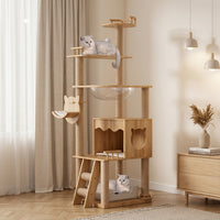 Cat Climbing Frame with House, 5-Level Solid Wood Activity Center Tree Indoor for 3 Large Cats, Stable Ladder and 7cm Post Diameter Scratching