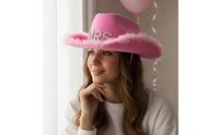 Pink Cowboy Hat with Feather Trim Rhinestone Cowgirl Hat with Feathers Felt-Like Wide-Brim for Bride, Women, Girls Night Out