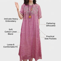 Summer Dresses for Women UK with Embroidered Detail, Linen Midi Dress with Short Sleeves, Loose for Beach Wear