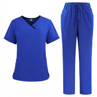 Multiple Pockets V-Neck Scrub Set Drawstring Waist Short Sleeve Nursing Attire Breathable Two-Piece Medical Workwear Soft Material for Dentists, Healthcare Workers, Veterinarians, Oral Health Office, Hospital, Medical Facility