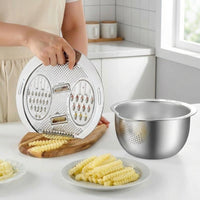 Grating and Draining Basin Set (Boxed) with Washing Bowl and Bowl Strainer, 201 Stainless Steel Rice Rinser for Multi-Functional Kitchenware Use