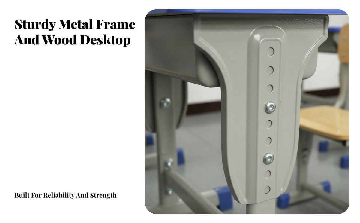 Backpack Hook Adjustable Student Desk and Chair Set Long-Lasting School Desk and Chair Combo Sturdy Frame Height Adjustable Study Table Built-in Storage for Students, Tutoring Center, Learning Centers, Home