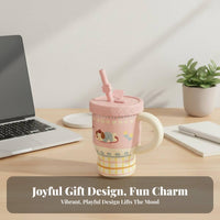 Spill-Resistant Lid Cute Pet Print Cup Large Easy-Grip Handle Cartoon Creature Straw Cup Microwave Safe for Teenagers, Daily Use, Home