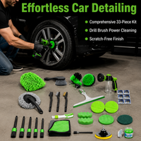 Green Car Cleaning Kit Drill Brush Wheel Detailing Wash Mitt Extension Rod Towel