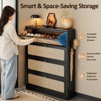 Metal Shoe Storage Cabinet, Narrow Flip-Drawer Shoe Rack for Hallway, Vintage Luxury Black Shoe Storage for Small Spaces, 31cm Deep