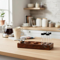 Unidirectional-Way Valve Single Dose Coffee Bean Tubes with Holder Airtight Seal Wooden Espresso Workflow Organizer Glass Vials