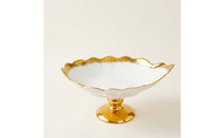 Scalloped Ceramic Fruit Bowl with Pedestal Shallow Footed Bowl Wide Decorative for Tabletop, Dining Table