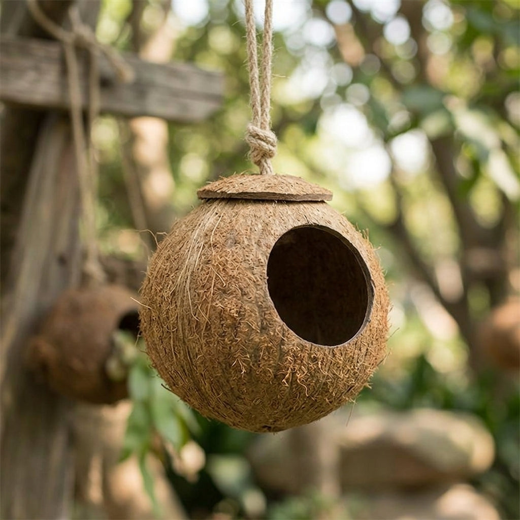 Coconut Bird Nest Box, Handmade Nest House with 7cm Opening and Rope Loop, Breeding Space for Medium Birds in a Bird Cage