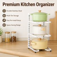 3-Tier Pot Rack, Freestanding Pan Rack for Cabinet, Cookware Organiser for Countertop, Painted Metal Kitchen Storage