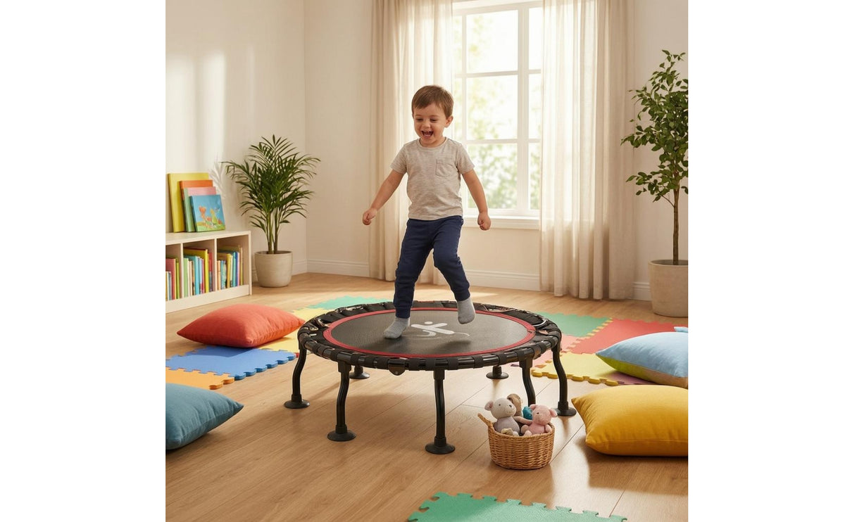 Padded Border Kids Mini Trampoline Red Trim Foldable Mini Trampoline Midpoint Symbol Rebounder Black Metal Frame for Children