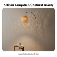 Japanese Design Bamboo Fishing Lamp Nordic Design Rattan Shade Floor Lamp Height Adjustable Foot Switch for Interior Designers, Homeowners, Renters, Bedroom, Living Room, Reading Nook, Hotel Lobby