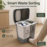 Kitchen Bin, Dual Compartment Pedal Bin with Soft Close Lid, Polypropylene Recycling Bins for Kitchen, Grey