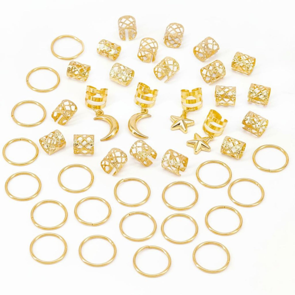 44 Pieces Bohemian Look Hair Cuff and Hair Coil Kit Adjustable Cuffs Braid Charm Jewelry Filigree Design Star Moon Hair Clips for Festivals