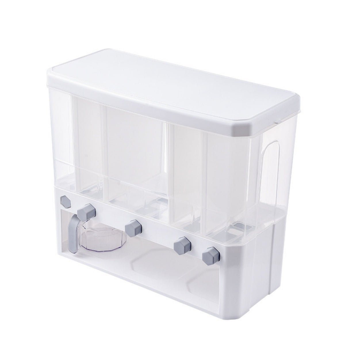 Large Capacity Press-to-Dispense Rice Container Push Button Dispensing Multi-Compartment Grain Dispenser Transparent Design for Pantry