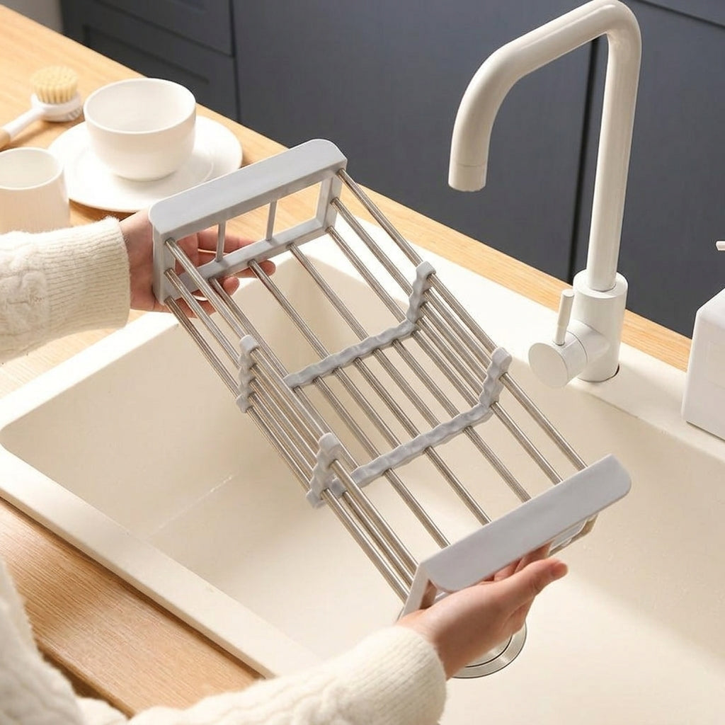 Telescopic Drain Basket Kitchen Sink Drainer, Stainless Steel Dish Rack with Utensil Holder, Space Saving Sink Organiser for Vegetables