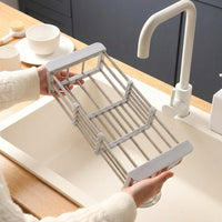 Telescopic Drain Basket Kitchen Sink Drainer, Stainless Steel Dish Rack with Utensil Holder, Space Saving Sink Organiser for Vegetables