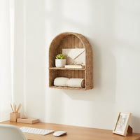 Rattan-Look Woven Storage Rack Rustic Paper Rope Shelf Lightweight Wall Rack with Divider Space-Saving for Entryway, Bedroom, Home Office