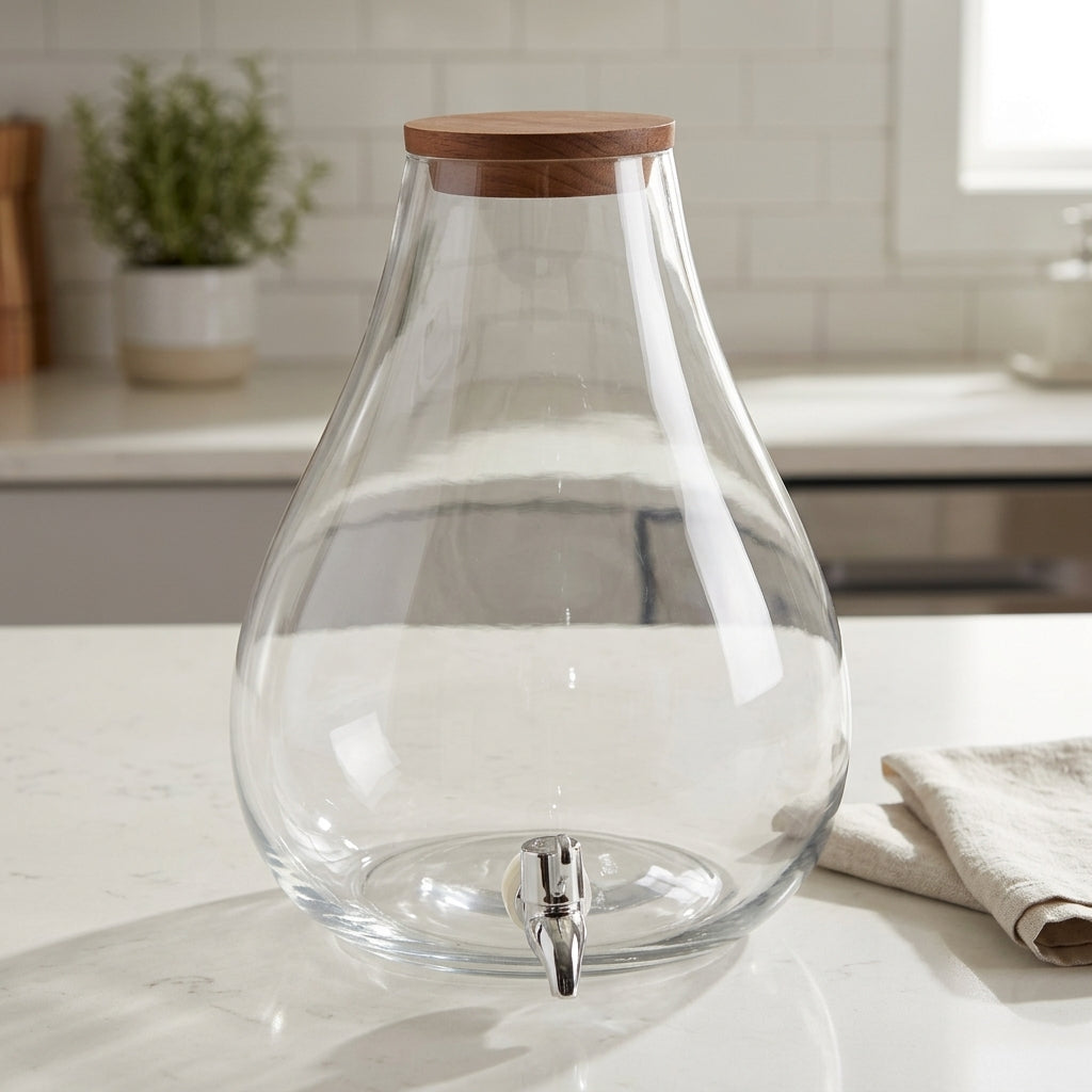 Water Dispenser and Juice Dispenser with Wood Lid, Pear-Shaped Drink Dispenser with Tap for Home Bar, Modern Minimalist Style Clear Glass Carafe