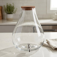 Water Dispenser and Juice Dispenser with Tap, Pear Shaped Drink Vessel with Wood Lid, Simple Glass Carafe for Home Bar Party