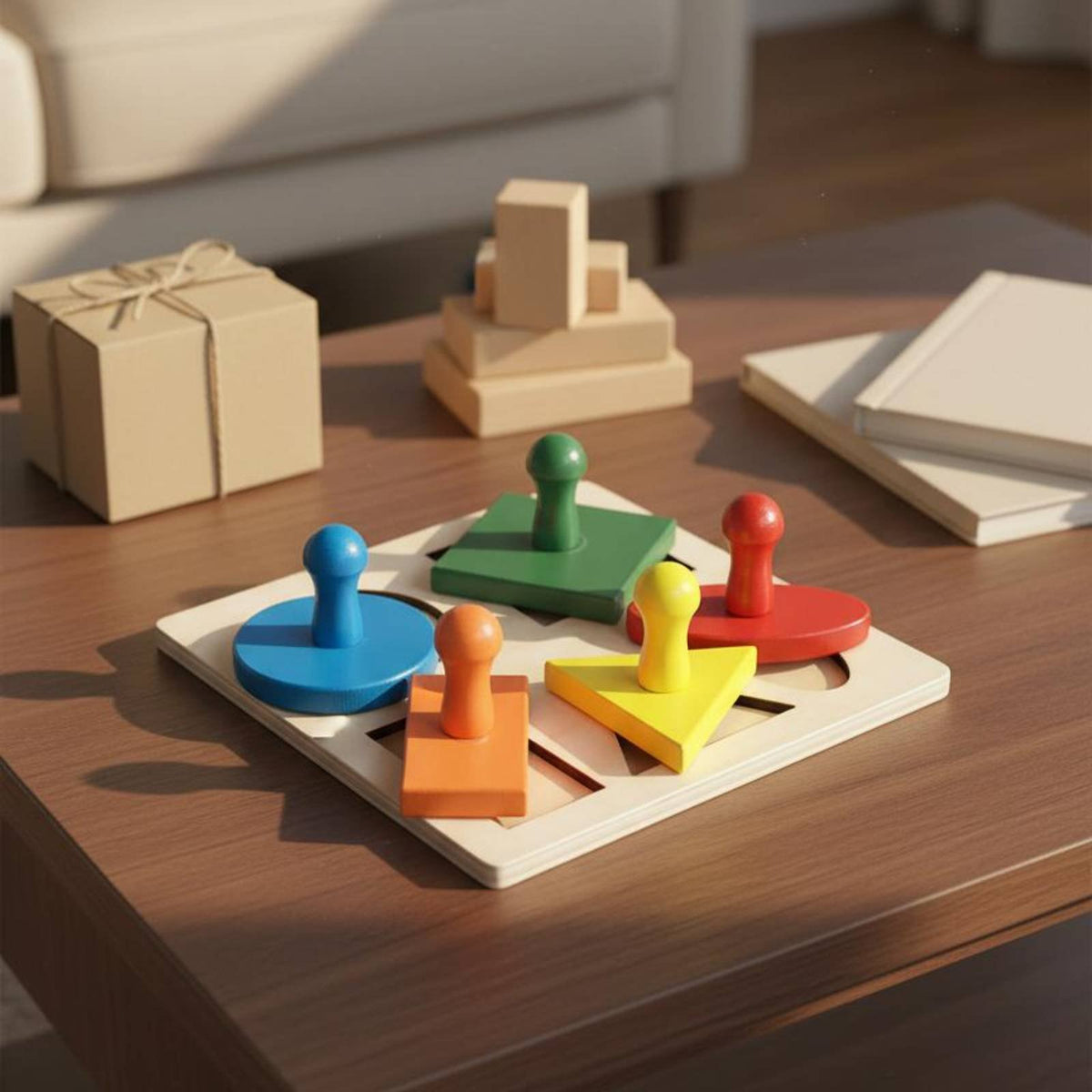 Young Child Shape Puzzle with Knobs Wood Construction Knobbed Puzzle Paint Child Centered Shape Matching Toy for Preschool