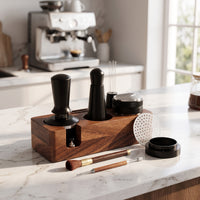 Solid Wood Coffee Tool Holder with Accessories Space-Saving Espresso Tamping Station Wooden Espresso Tools Storage Elegant for Baristas, Kitchen Countertops, Cafes