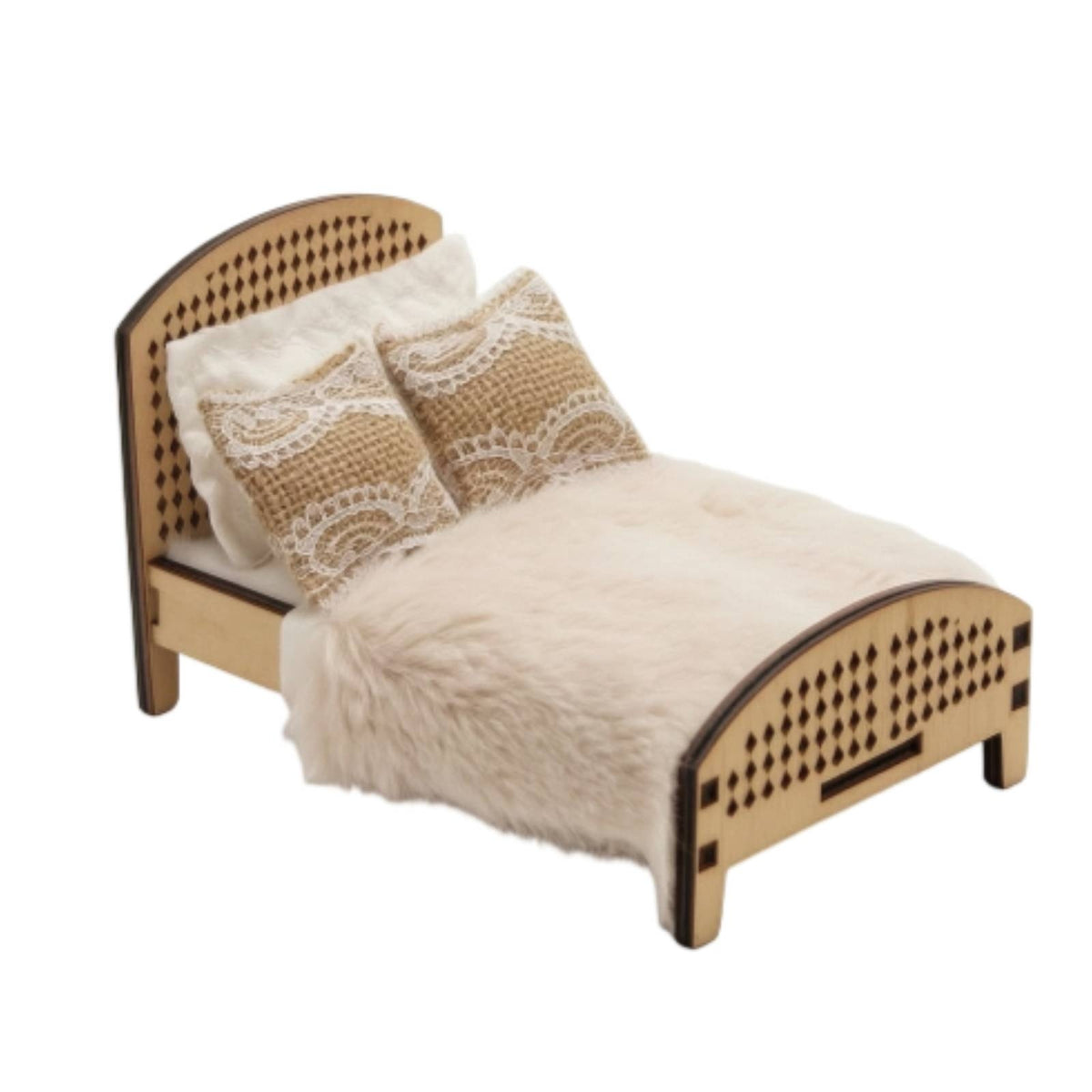 Miniature Bed with Wooden Frame Vintage-Styled Dollhouse Bed