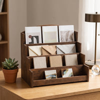 Greeting Card Display Stand Holder with Arched Back Wooden Stepped Display Shelf Multi-Tier Postcard Rack for Reception Desk