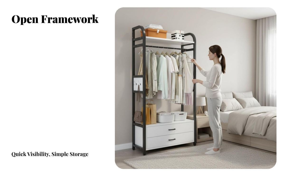 Includes Hooks Unrestricted Standing Rack with Drawers Multi-Functional Garment Rack with Drawers Multifunctional Wardrobe Organizer Large Capacity for Apartment Dwellers, Homeowners, Students, Small Areas, Entryway, Cloakroom, Dorm Room
