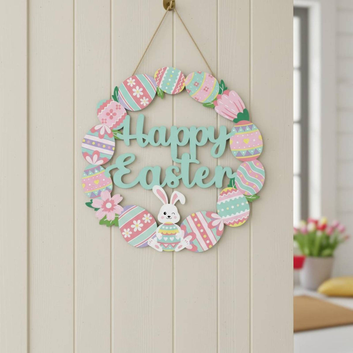Wooden Easter Door Sign Pastel Colors Wooden Easter Door Hanger Cute Design
