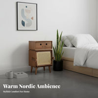 Rattan Drawer Front Robot-Shaped Side Table Space-Saving Design Multi-Compartment Side Cabinet space-efficient Size Nightstand adaptable Use for Children, Families, Homeowners, kid's Room, Playroom, Home Office, Entryway