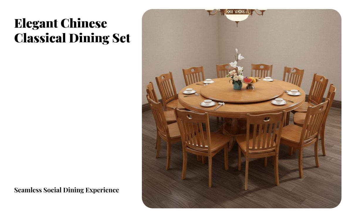 Chinese Design Round Dining Table Set Traditional Design Solid Wood Dining Set with Turntable Sturdy Construction for Homeowners, Adults, Home