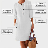 Summer Dresses for Women UK Linen Midi Dress with Long Sleeves, Loose Fit Casual Wear with Button Front, Plus Size up to 5XL