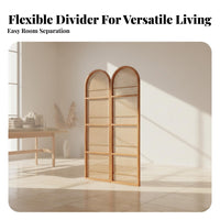 Foldable Design Arched Rattan Screen with Shelves French Design Folding Screen with Shelves Movable Room Divider Freestanding for Apartment Dwellers, Homeowners, Telecommuting Workers, Bedroom, Home Office, Dining Area
