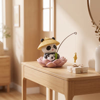 Panda Figurine with Fishing Rod Small Panda Statue with Lotus Base Mini for Desk