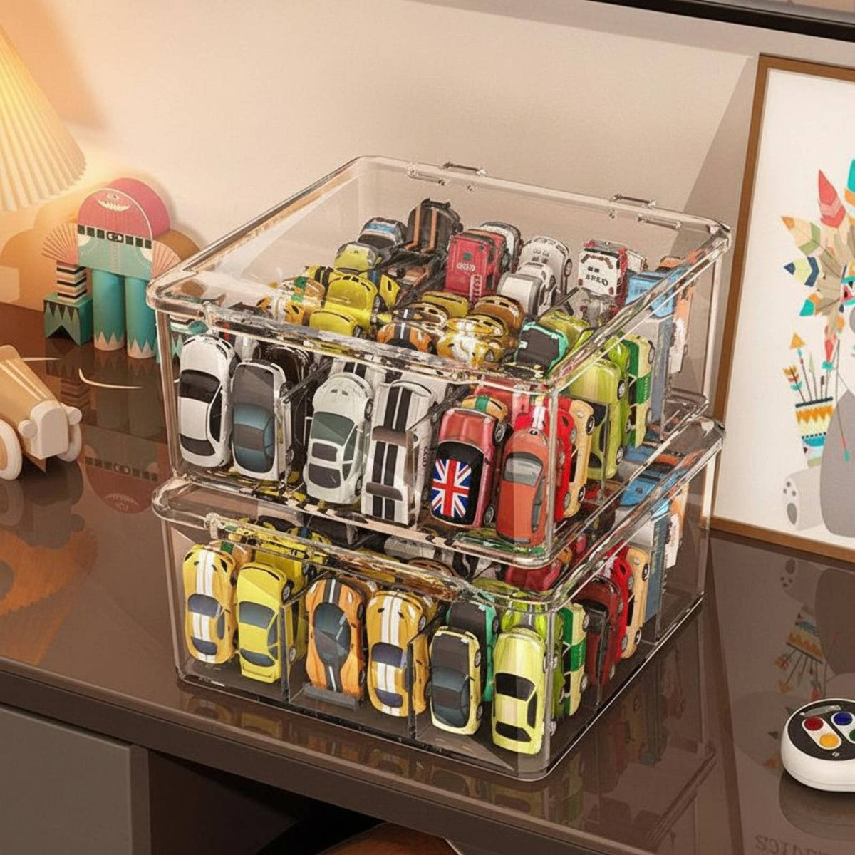 hinged lid Divided Car Container Compartmentalized Toy Organizer Stackable Display Case particle-resistantproof for Collectors, Children, Hobbyists, Desktop, Playroom, Bedroom, Shelf
