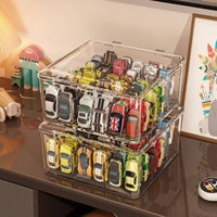 hinged lid Divided Car Container Compartmentalized Toy Organizer Stackable Display Case particle-resistantproof for Collectors, Children, Hobbyists, Desktop, Playroom, Bedroom, Shelf