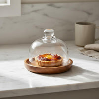 Acacia Wood Serving Plate with Glass Dome Dustproof Wood Base Dessert Dome Wooden Base Cover Jar Finely Polished for Parties