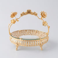 Decorative Fruit Basket with Glass Base Ornate Tabletop Basket with Handle Gold-Toned Holder Vintage-Style for Home Decorators, Hosts, Dining Table, Living Room