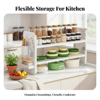 Space-Saving Design Multi-Tier Rack with Pegboard Sturdy Construction 3-Tier Seasoning Organizer Easy to Assemble Countertop Shelf DIY Assembly for Homeowners, Office Workers, Kitchen, Cabinet, Coffee Station, Bathroom