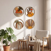 4 Pieces Boho Round Wall Plaque Minimalist Wooden Wall Plaque Decorative Hanging Sign Printed for Living Room, Bedroom